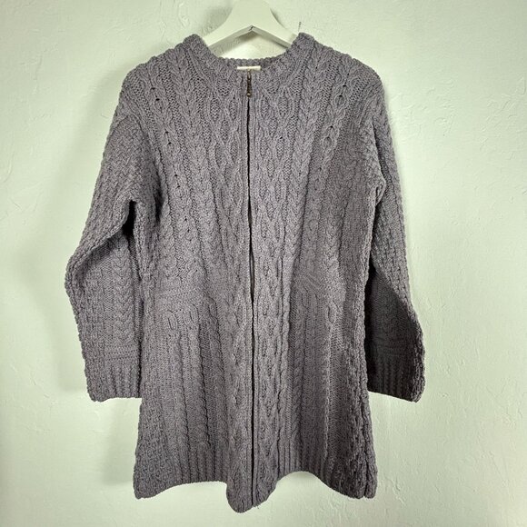 Kilronan Knitwear Merino Wool Cable Knit Cardigan Large Lavender Made In Ireland - Picture 1 of 7